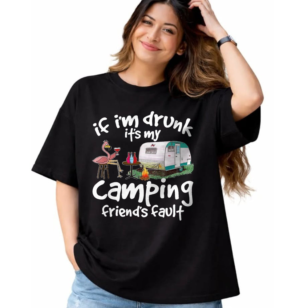 Funny Camping Shirt, Gift For Camping Lover Unisex T-Shirt/Hoodie/Sweatshirt HLT00 - If I_m Drunk It_s My Camping Friend_s Fault Funny Flamingo T-Shirt, Men, Black, 3X-Large
