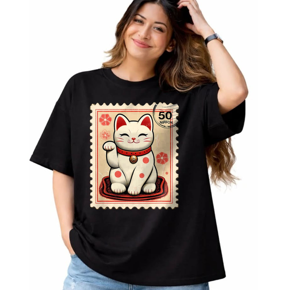 Cat Love Shirt, Funny Cat Lover Gift UnisexT-Shirt/Hoodie/Sweatshirt HLT00 - Maneki Neko Japanese Kawaii Lucky Cat Stamp Retro Aesthetic T-Shirt (1)