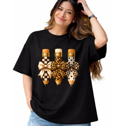 Best Student Shirt, Funny Back To School UnisexT-Shirt/Hoodie/Sweatshirt HLT00 - Preppy Leopard Pencil Bow Coquette Teacher Back to School T-Shirt (3)