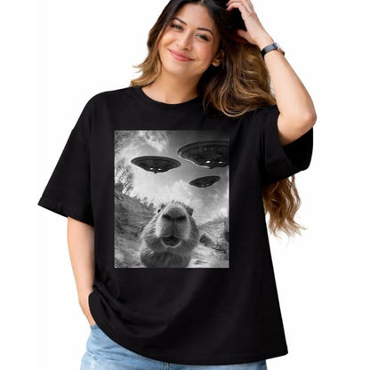 Cute Capybara Shirt, Funny Capybara Unisex T-Shirt/Hoodie/Sweatshirt HLT00 - Funny Capybara Selfie with UFOs Weird Graphic Tee Alien UFO T-Shirt