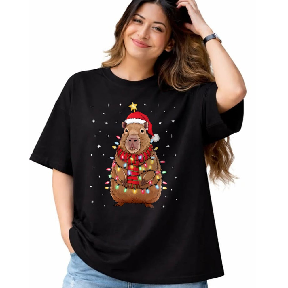 Cute Capybara Shirt, Funny Capybara Unisex T-Shirt/Hoodie/Sweatshirt HLT00 - Christmas Capybara with Santa Hat Xmas Lights Tree T-Shirt