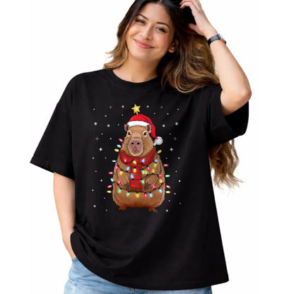 Cute Capybara Shirt, Funny Capybara Unisex T-Shirt/Hoodie/Sweatshirt HLT00 - Christmas Capybara with Santa Hat Xmas Lights Tree T-Shirt