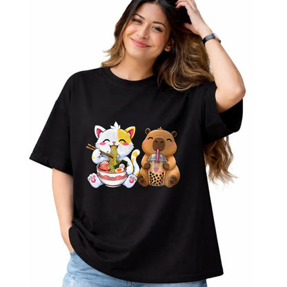 Cute Capybara Shirt, Funny Capybara Unisex T-Shirt/Hoodie/Sweatshirt HLT00 - Cute Cat Capybara Ramen Boba Kawaii Anime Noodle Bubble Tea T-Shirt