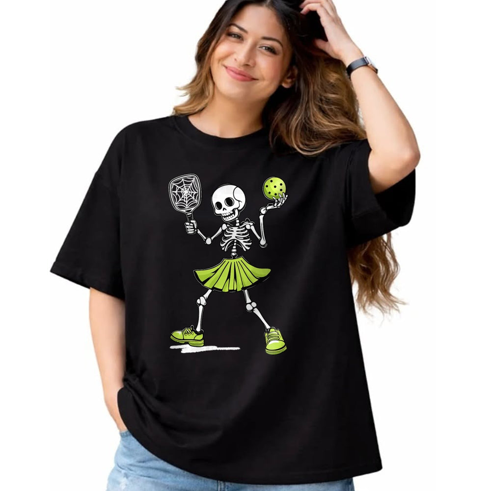 Funny Pickleball Shirt, Pickleball Lover Unisex T-Shirt/Hoodie/Sweatshirt HLT00 - Spooky Pickleball Halloween Skeleton Costume Women T-Shirt