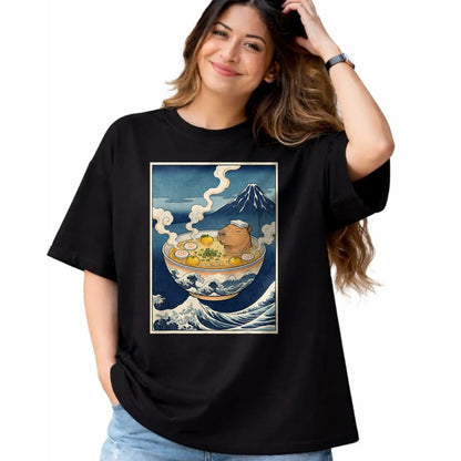 Cute Capybara Shirt, Funny Capybara Unisex T-Shirt/Hoodie/Sweatshirt HLT00 - Cute Capybara Ramen Mt Fuji Ukiyo-e Great Wave Japanese Art T-Shirt