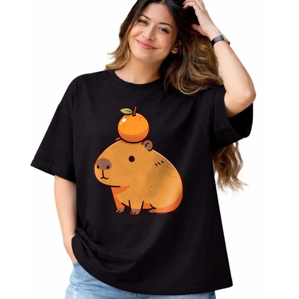 Cute Capybara Shirt, Funny Capybara Unisex T-Shirt/Hoodie/Sweatshirt HLT00 - Capybara with Orange on the Head Capybara T-Shirt