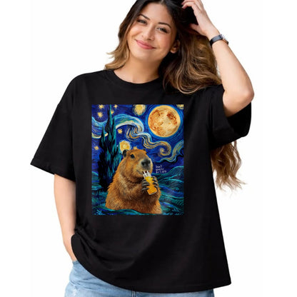 Cute Capybara Shirt, Funny Capybara Unisex T-Shirt/Hoodie/Sweatshirt HLT00 - Capybara in Van Gogh Starry Night Don_t Worry Be Capy Cappy T-Shirt