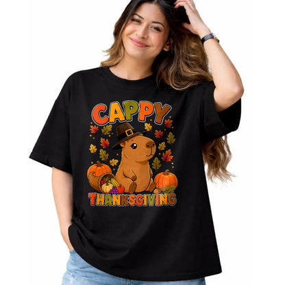 Cute Capybara Shirt, Funny Capybara UnisexT-Shirt/Hoodie/Sweatshirt HLT00 - Cappy Thanksgiving Cute Capybara Autumn Fall Leaves Pumpkin T-Shirt