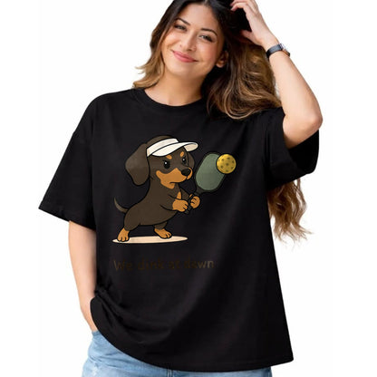 Funny Pickleball Shirt, Pickleball Lover Unisex T-Shirt/Hoodie/Sweatshirt HLT00 - Funny Pickleball Dachshund Pickleball Dog We Dink at Dawn T-Shirt