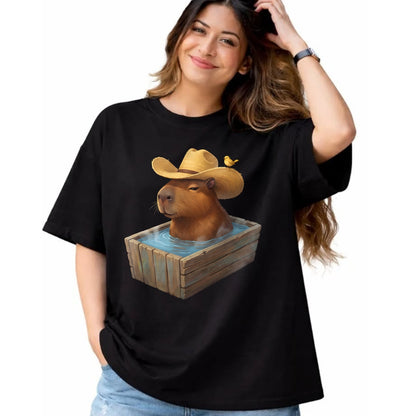Cute Capybara Shirt, Funny Capybara Unisex T-Shirt/Hoodie/Sweatshirt HLT00 - Cute Capybara Wearing Cowboy Hat in Bathtub Funny Western T-Shirt