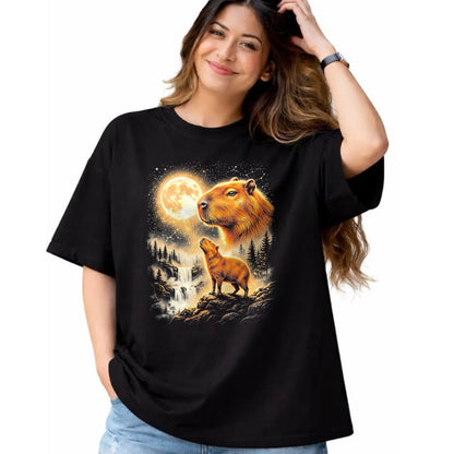 Cute Capybara Shirt, Funny Capybara Unisex T-Shirt/Hoodie/Sweatshirt HLT00 - Capybara Howling At The Moon Forest Waterfall Art T-Shirt