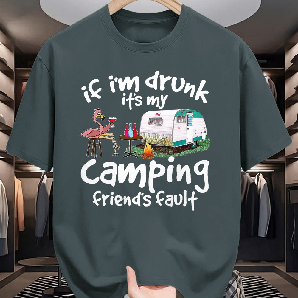Funny Camping Shirt, Gift For Camping Lover Unisex T-Shirt/Hoodie/Sweatshirt HLT00 - If I_m Drunk It_s My Camping Friend_s Fault Funny Flamingo T-Shirt, Men, Black, 3X-Large