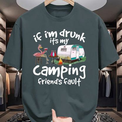 Funny Camping Shirt, Gift For Camping Lover Unisex T-Shirt/Hoodie/Sweatshirt HLT00 - If I_m Drunk It_s My Camping Friend_s Fault Funny Flamingo T-Shirt, Men, Black, 3X-Large