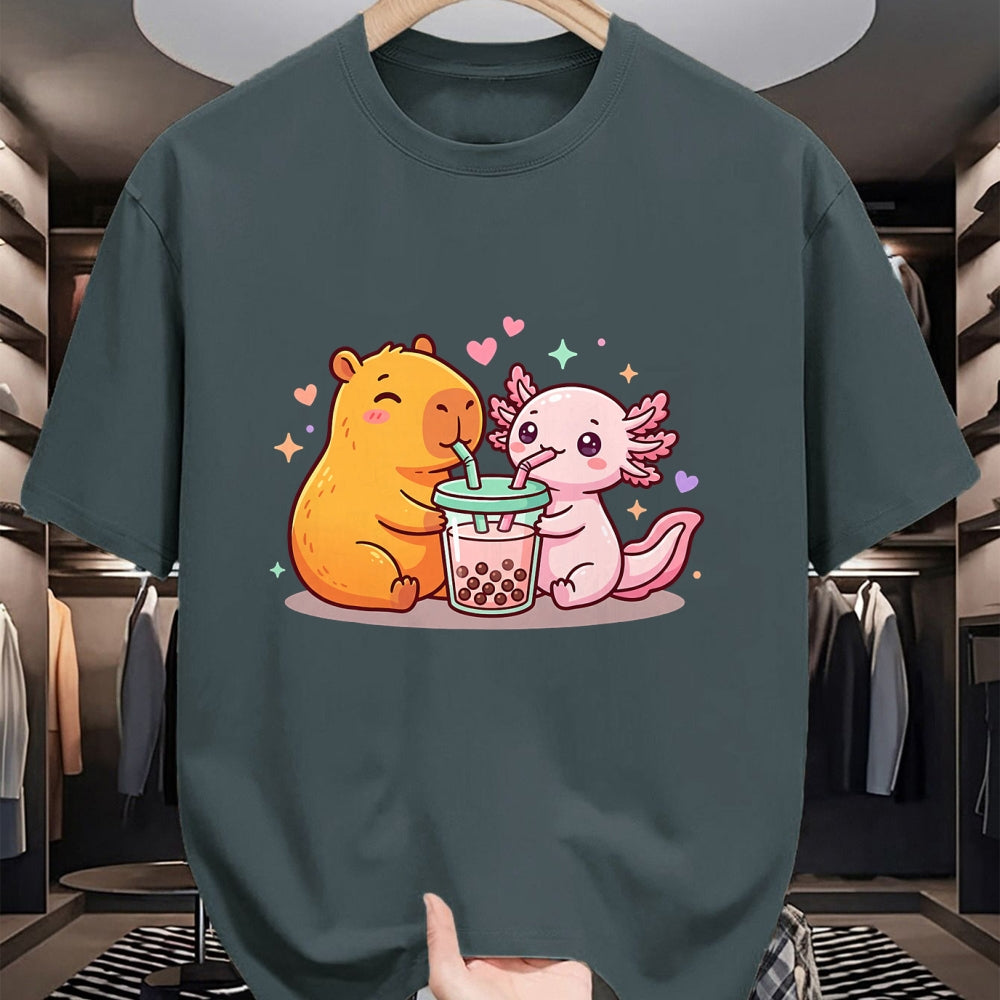Cute Capybara Shirt, Funny Capybara Unisex T-Shirt/Hoodie/Sweatshirt HLT00 - Cute Capybara and Axolotl Bubble Tea Boba Girls Kawaii T-Shirt