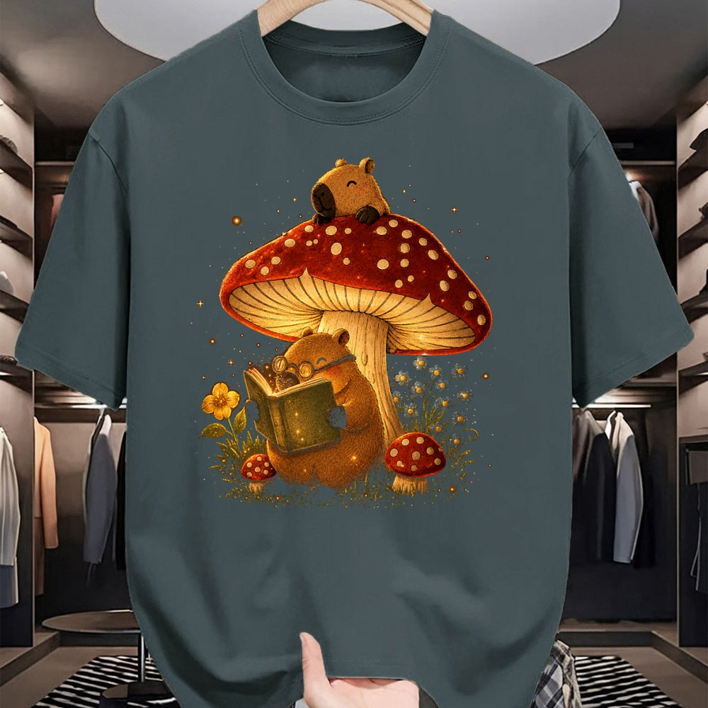 Cute Capybara Shirt, Funny Capybara Unisex T-Shirt/Hoodie/Sweatshirt HLT00 - Capybara Reading Book Mushroom Cottagecore Aesthetic Women T-Shirt