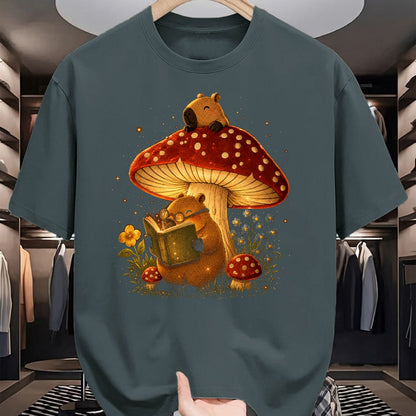 Cute Capybara Shirt, Funny Capybara Unisex T-Shirt/Hoodie/Sweatshirt HLT00 - Capybara Reading Book Mushroom Cottagecore Aesthetic Women T-Shirt