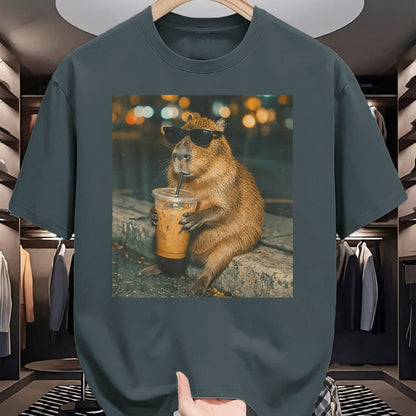 Cute Capybara Shirt, Funny Capybara Unisex T-Shirt/Hoodie/Sweatshirt HLT00 - Funny Capybara Drinking Iced Coffee Cute Animal Meme T-Shirt