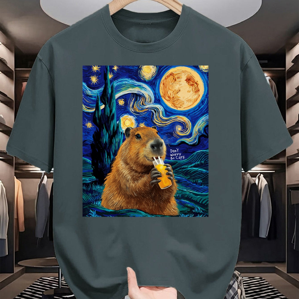 Cute Capybara Shirt, Funny Capybara Unisex T-Shirt/Hoodie/Sweatshirt HLT00 - Capybara in Van Gogh Starry Night Don_t Worry Be Capy Cappy T-Shirt