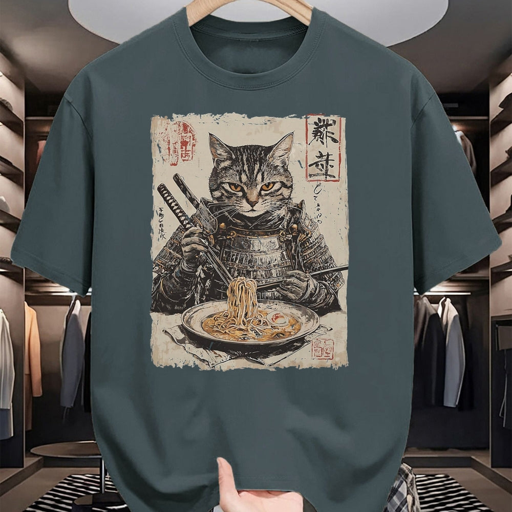 Cat Love Shirt, Funny Cat Lover Gift UnisexT-Shirt/Hoodie/Sweatshirt HLT00 - Samurai Cat Loves Ramen Funny Anime Japanese Artwork Samurai T-Shirt, Men, Black, X-Large