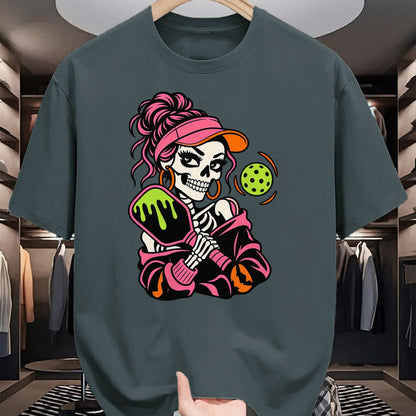 Funny Pickleball Shirt, Pickleball Lover Unisex T-Shirt/Hoodie/Sweatshirt HLT00 - Halloween Pickleball Skeleton Girls Women Halloween T-Shirt