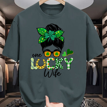 Best Wife Shirt, Wife and Husband Unisex T-Shirt/Hoodie/Sweatshirt HLT00 - Gift for wife T shirt, lucky wife   One Lucky Wife Messy Bun Irish St Patricks Day Shamrock T-Shirt