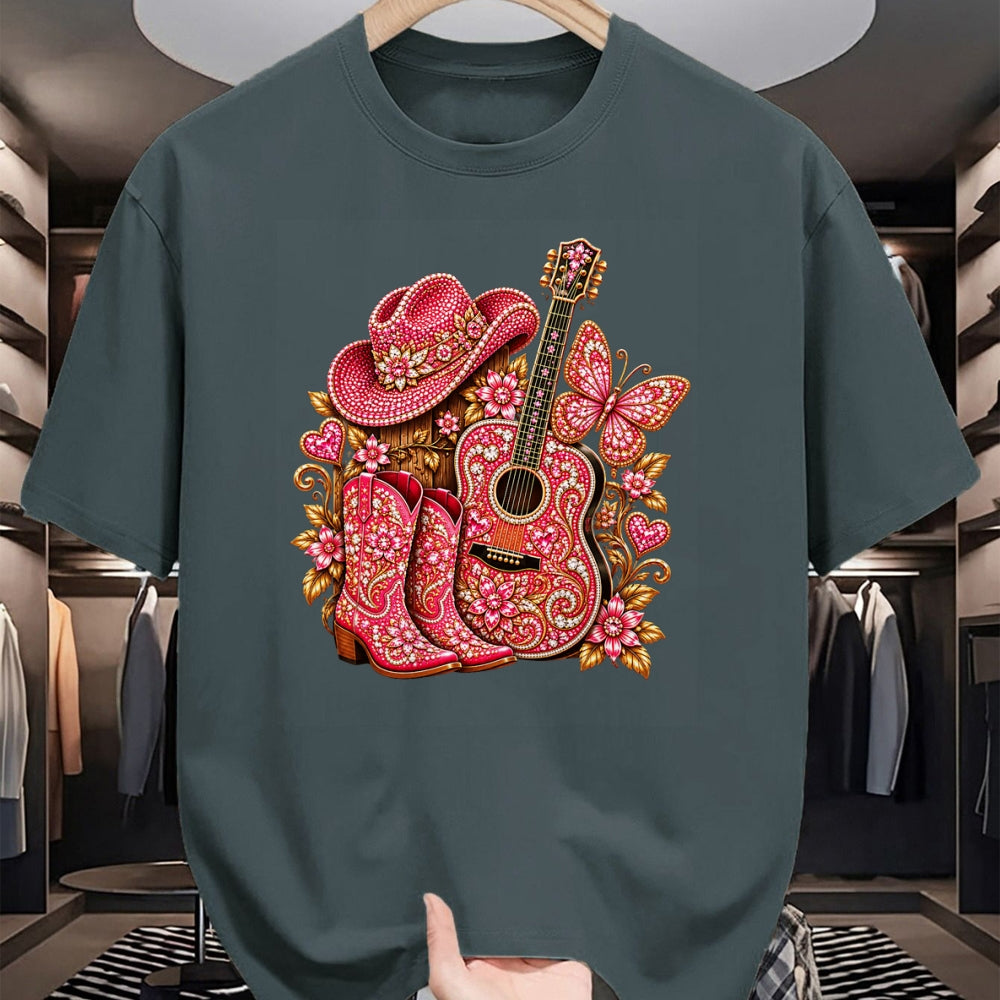 Guitar Lover Shirt, Funny Guitar UnisexT-Shirt/Hoodie/Sweatshirt HLT00 - Bedazzled Butterfly Pink Cowboy Guitar Country T-Shirt