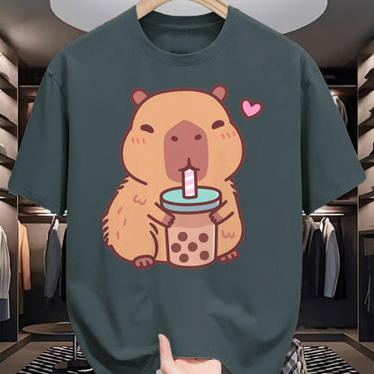 Cute Capybara Shirt, Funny Capybara Unisex T-Shirt/Hoodie/Sweatshirt HLT00 - Cute Capybara Kawaii Anime Drinking Bubble Tea Lover Girls T-Shirt