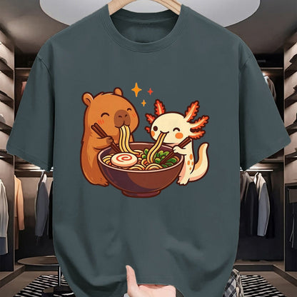 Cute Capybara Shirt, Funny Capybara Unisex T-Shirt/Hoodie/Sweatshirt HLT00 - Capybara with Axolotl Eats Noodles Ramen Kawaii T-Shirt, Men, Black, 3X-Large