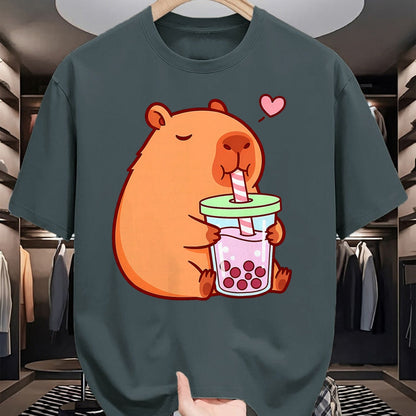 Cute Capybara Shirt, Funny Capybara Unisex T-Shirt/Hoodie/Sweatshirt HLT00 - Cute Capybara Kawaii Anime Girls Drinking Boba Tea Lover T-Shirt