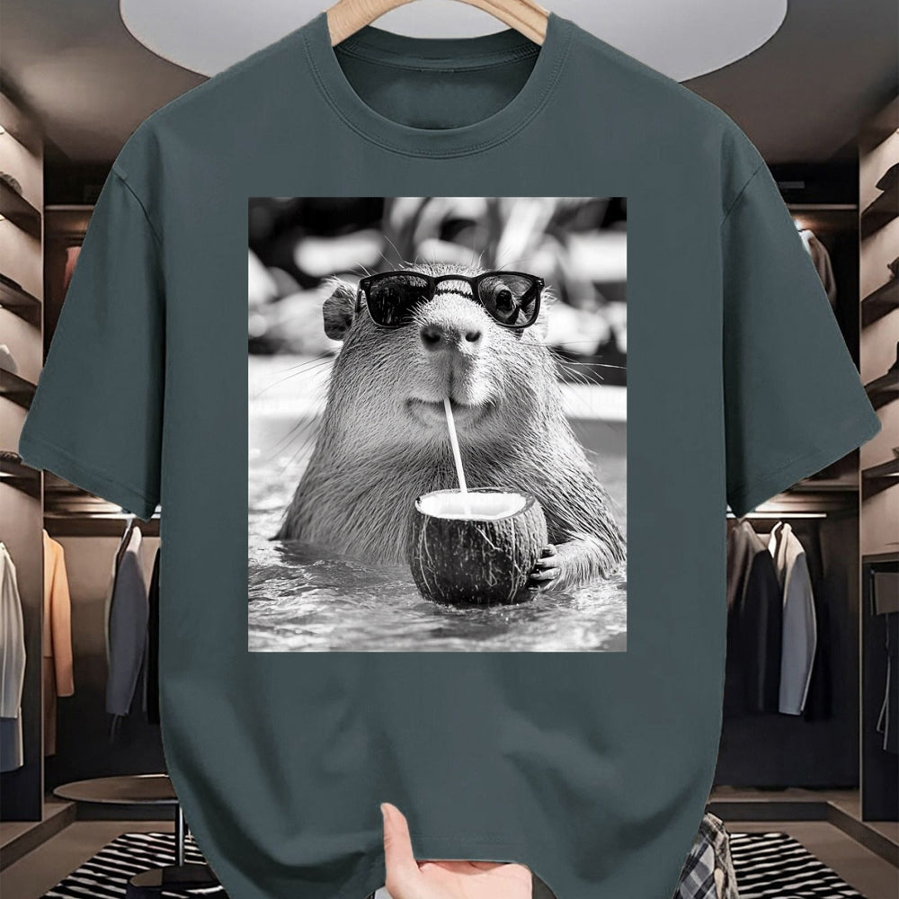 Cute Capybara Shirt, Funny Capybara Unisex T-Shirt/Hoodie/Sweatshirt HLT00 - Capybara Selfie with Sunglasses and Coconut Drink T-Shirt