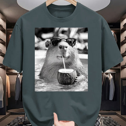 Cute Capybara Shirt, Funny Capybara Unisex T-Shirt/Hoodie/Sweatshirt HLT00 - Capybara Selfie with Sunglasses and Coconut Drink T-Shirt