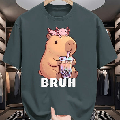 Cute Capybara Shirt, Funny Capybara Unisex T-Shirt/Hoodie/Sweatshirt HLT00 - Cute Bruh Capybara Drinking Bubble Tea Axolotl Funny Kawaii T-Shirt
