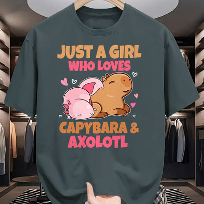 Cute Capybara Shirt, Funny Capybara Unisex T-Shirt/Hoodie/Sweatshirt HLT00 - Just A Girl Loves Capybara And Axolotl Salamander Lover T-Shirt
