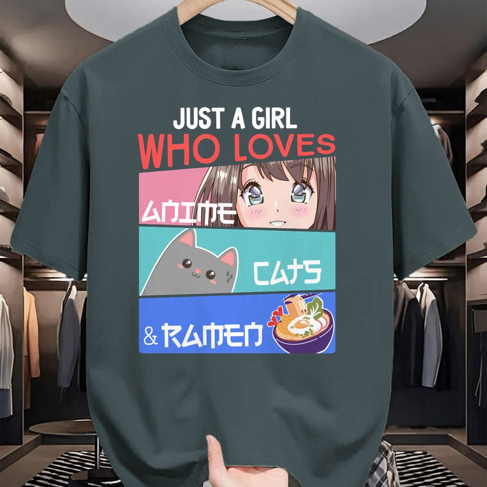 Cat Love Shirt, Funny Cat Lover Gift UnisexT-Shirt/Hoodie/Sweatshirt HLT00 - Just A Girl Who Loves Anime Cats & Ramen Lover Kawaii Otaku Long Sleeve T-Shirt