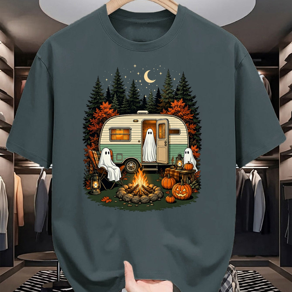 Funny Camping Shirt, Gift For Camping Lover Unisex T-Shirt/Hoodie/Sweatshirt HLT00 - Halloween Ghost Rv Camping Fall Camper Pumpkin Camper Autumn T-Shirt