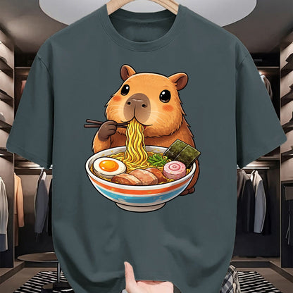 Cute Capybara Shirt, Funny Capybara Unisex T-Shirt/Hoodie/Sweatshirt HLT00 - Capybara Eating Ramen Noodles Japanese Kawaii Graphic T-Shirt
