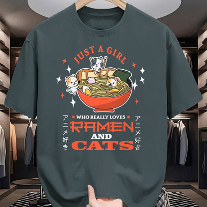 Cat Love Shirt, Funny Cat Lover Gift UnisexT-Shirt/Hoodie/Sweatshirt HLT00 - Just a girl who really loves Ramen and cats Design T-Shirt