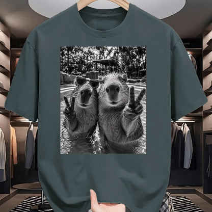 Cute Capybara Shirt, Funny Capybara Unisex T-Shirt/Hoodie/Sweatshirt HLT00 - Funny Capybara Selfie Peace Sign Men Women Cute Animal T-Shirt