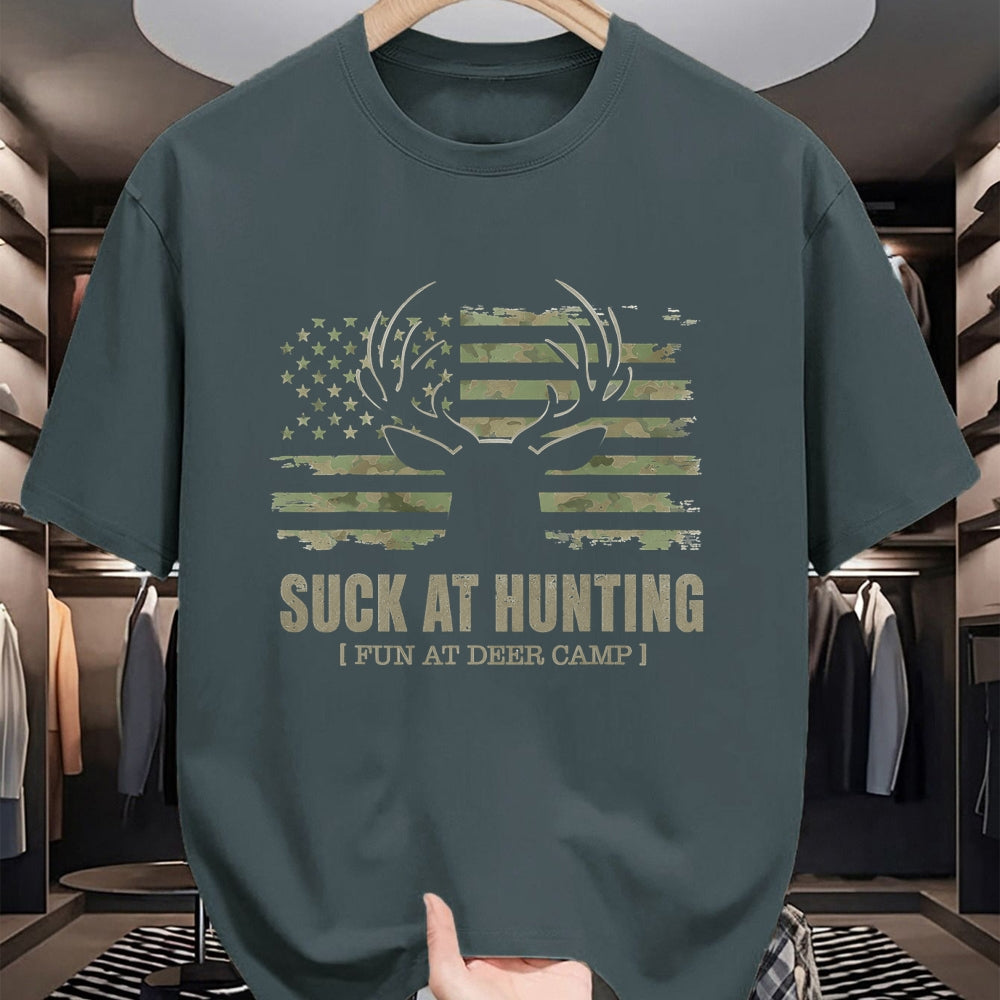 Funny Camping Shirt, Gift For Camping Lover Unisex T-Shirt/Hoodie/Sweatshirt HLT00 - Suck At Hunting Fun At Deer Camp Funny Man Hunter Camping T-Shirt