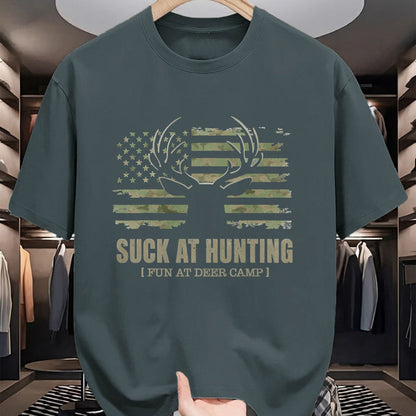 Funny Camping Shirt, Gift For Camping Lover Unisex T-Shirt/Hoodie/Sweatshirt HLT00 - Suck At Hunting Fun At Deer Camp Funny Man Hunter Camping T-Shirt