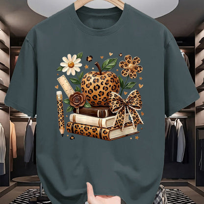 Best Student Shirt, Funny Back To School UnisexT-Shirt/Hoodie/Sweatshirt HLT00 - Leopard Apple Floral Coquette Bow Book Pencil Back to School T-Shirt, Women, White, Medium