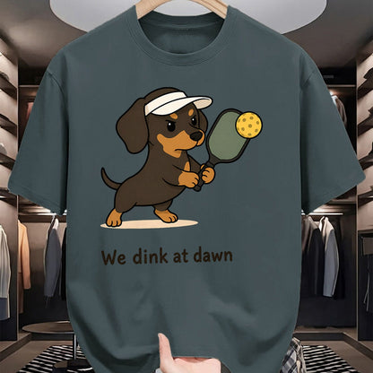 Funny Pickleball Shirt, Pickleball Lover Unisex T-Shirt/Hoodie/Sweatshirt HLT00 - Funny Pickleball Dachshund Pickleball Dog We Dink at Dawn T-Shirt