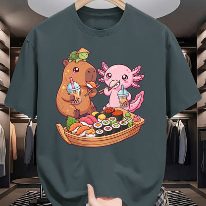 Cute Capybara Shirt, Funny Capybara Unisex T-Shirt/Hoodie/Sweatshirt HLT00 - Cute Capybara Axolotl Sushi Nigiri Bubble Tea Anime Food T-Shirt