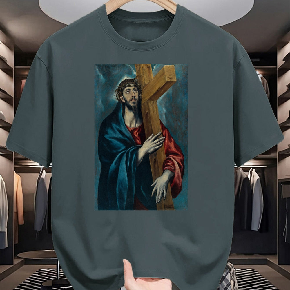 Christian Tee, Christian Faith Unisex T-Shirt/Hoodie/Sweatshirt HLT00 - Christ Carrying the Cross Jesus Painting Saviour Christian T-Shirt