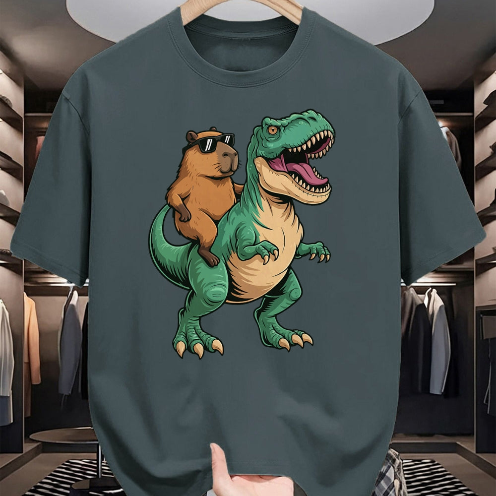 Cute Capybara Shirt, Funny Capybara Unisex T-Shirt/Hoodie/Sweatshirt HLT00 - Capybara Riding T-Rex T-Shirt