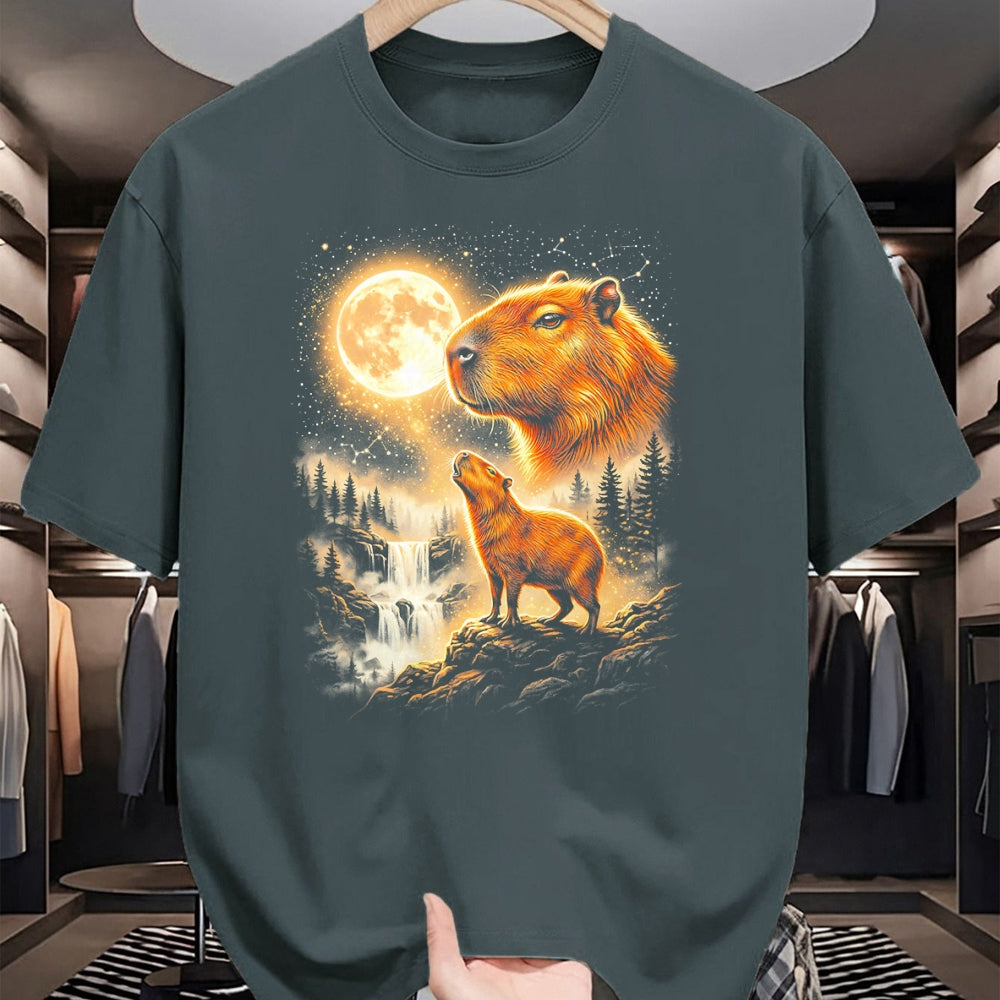 Cute Capybara Shirt, Funny Capybara Unisex T-Shirt/Hoodie/Sweatshirt HLT00 - Capybara Howling At The Moon Forest Waterfall Art T-Shirt