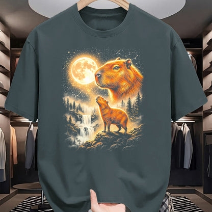 Cute Capybara Shirt, Funny Capybara Unisex T-Shirt/Hoodie/Sweatshirt HLT00 - Capybara Howling At The Moon Forest Waterfall Art T-Shirt