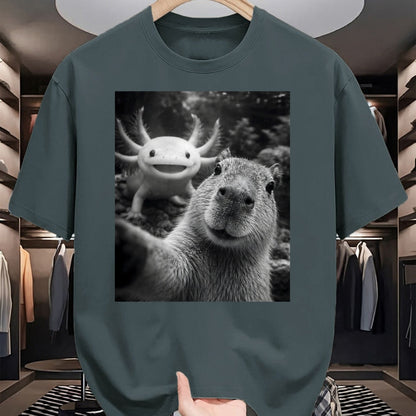 Cute Capybara Shirt, Funny Capybara Unisex T-Shirt/Hoodie/Sweatshirt HLT00 - Capybara Axolotl Selfie T-Shirt
