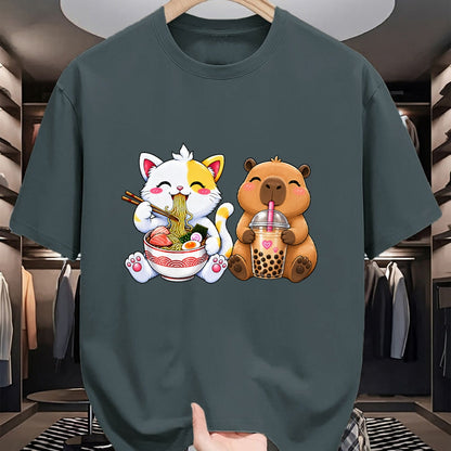 Cute Capybara Shirt, Funny Capybara Unisex T-Shirt/Hoodie/Sweatshirt HLT00 - Cute Cat Capybara Ramen Boba Kawaii Anime Noodle Bubble Tea T-Shirt