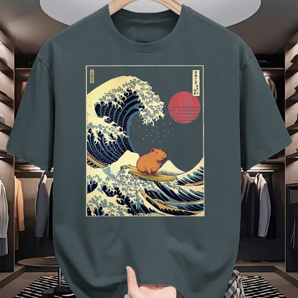 Cute Capybara Shirt, Funny Capybara Unisex T-Shirt/Hoodie/Sweatshirt HLT00 - Capybara Japanese Kanagawa Wave Funny Surf Animal T-Shirt, Men, Black, 3X-Large